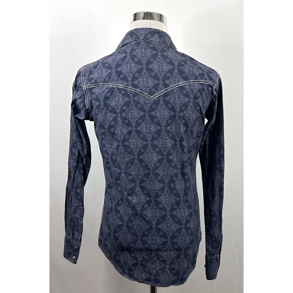 Wrangler Retro Small Western Pearl Snap Shirt Blue Denim Paisley 100% Cotton - Picture 5 of 5